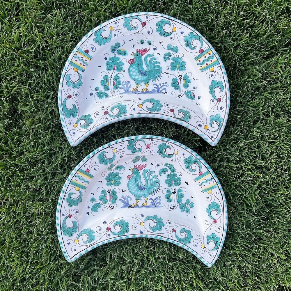 (2) Green Rooster (Orvieto) by DERUTA (ITALY) Crescent Salad Or Bone Plates